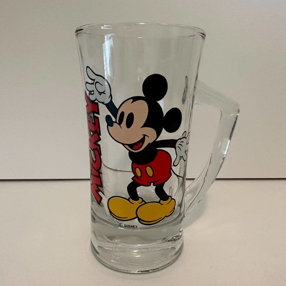 DISNEY Mickey Mouse VINTAGE Glass Mug Stein w/ Handle Excellent Graphics - Picture 1 of 12